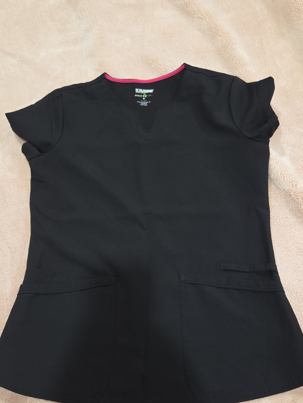 Scrubstar Black Scrub Top with Pink Neck Trim